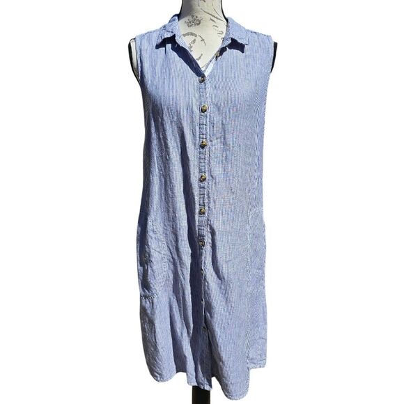 Tahari Striped Sleeveless Shirt Dress 100% Linen Pockets Blue White Medium - Picture 2 of 9